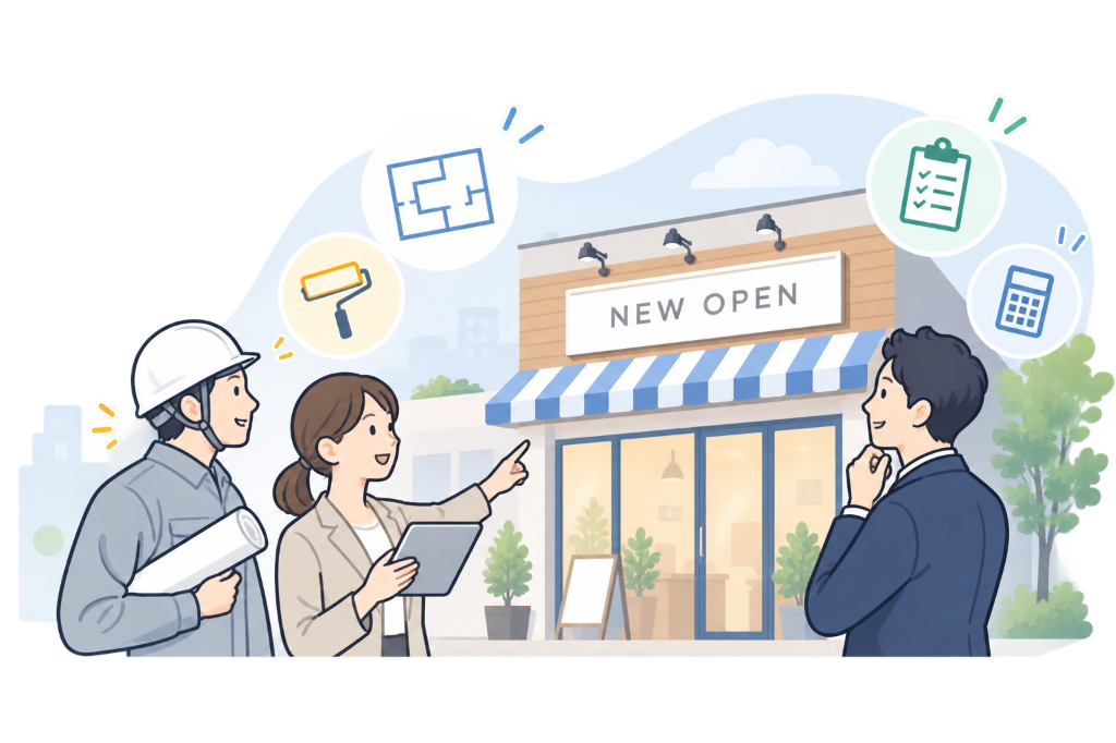店舗開業・改装の設備準備（看板・内装・レジ）を相談するオーナーと専門家