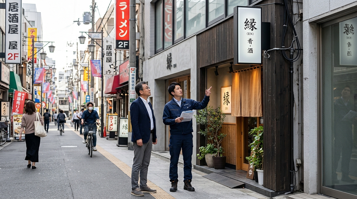 大阪での店舗看板設置と許可申請の打ち合わせ現場